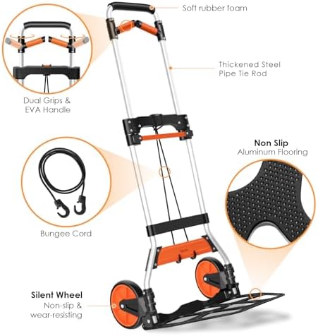 Teprovo Dolly Cart, 340lb Aluminum Folding Hand Truck with Swivel Handle, Heavy Duty Utility Dolly Foldable Trolley with Elastic Cord, 7 Inch Wheels for Moving, Warehousing, Shopping and More - Image 3