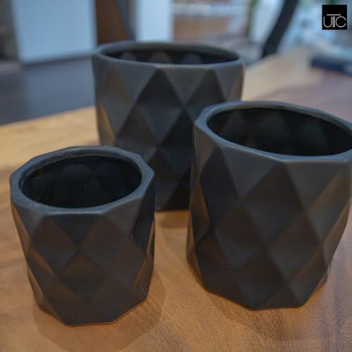 Round Ceramic Pot with Embossed Rectangle Design Outdoor/Indoor Medium Ceramic Decorative Planter for Garden Patio Balcony Home: Black 7.25"x7.25"x6.75"H; 5.75"x5.75"x5.75"H; 4.25"x4.25"x4.25"H - Image 5