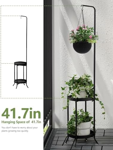 RINBOU Hanging Plant Stand Indoor Outdoor, Space-Saving Corner Metal Plant Shelf 3 Potted Flower Pot Stand, 2 Tier 61" Tall Modern Planter Holder for Patio Garden Balcony Living Room Bedroom, Black - Image 5