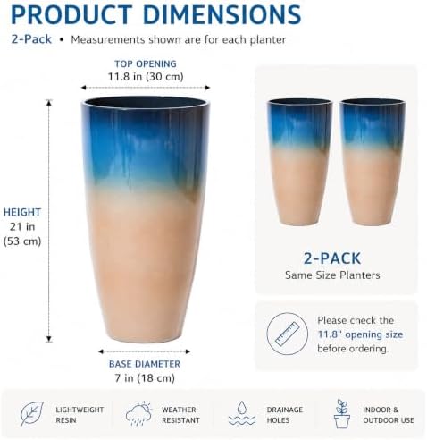 Tall Planters for Outdoor Plants, Heavy-Duty Plastic Lightweight Flower Pots Blue to Khaki Gradient Garden Pots Porch Planters Outdoor Set of 2 Gifts for Plant Lovers - Image 6