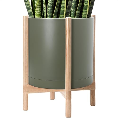 D'vine Dev Plastic Pot with Natural Wood Stand, Olive, 16 in, 55-C-Y-3 by DvineDevPlanterPotsandStand
