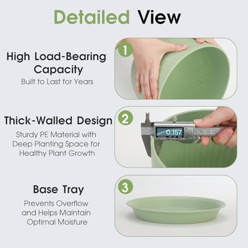 GARDIFE 5-Pack Plastic Plant Pots 7-10in with Drainage & Saucers, Green - Image 3