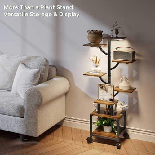 Plant Stand Indoor with Grow Lights - 7-Tier Plant Stand with Wheels, Tall Metal and Wood Indoor Plant Shelf with Tree Design, Rolling Flower Pot Holder Rack with Waterproof Finish, Adjustable Display Stand for Home Garden, Patio, 41" Tall - Image 4