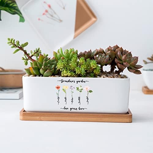 Personalized Birth Month Flower Plant Pot with Kids Names,Custom Grandma's Garden Ceramic Succulent Planter with Bamboo Tray Indoor Outdoor Home Decor Plants, for Mom Grandma,B5 - Image 2