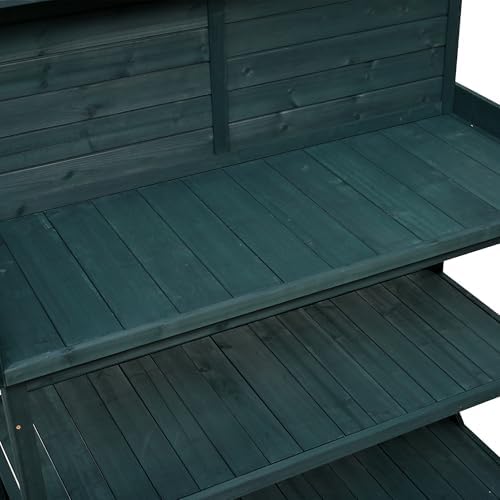 Solid Fir Wood Potting Bench - Outdoor Garden Workstation with 4-Tier Shelves, Side Hooks & Anti-Tipping Safety Device (Forest Green, Standard) - Image 7