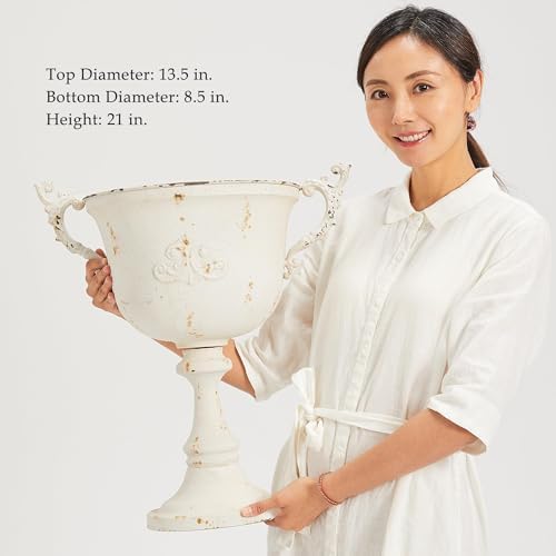 Worth Garden 21" H. Metal Urn Planters 2-Pack - White Classic Antique Iron Plant Pots - Decorative Rustic Flower Pots for Outdoor Use - Traditional Urn Planter for Garden, Patio, Front Porch - Image 3