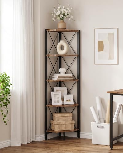 CHOEZON 5-Tier Corner Shelf, Corner Bookcase, 55.2" Tall Vertical Display Rack, Plant Stand, Open Storage Shelf, for Living Room, Bedroom, Study, Kitchen, Rustic Brown and Black TCJ12BF - Image 3