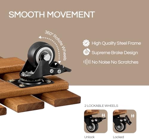 THYOI 2 Pack 12” Acacia Wood Plant Caddy with Lockable 360° Caster Wheels, 300 LB Heavy Duty Rolling Stand for Indoor Outdoor Planter Pots, Wooden Dolly for Patio (Dark Brown, Square) - Image 3