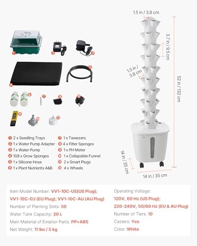 VEVOR Hydroponic Tower, 50 Pods 10 Tiers Hydroponics Growing System Kit with App Control & Casters, Vertical Home Garden with 20L Water Tank & Pump, Planter for Indoor Herbs, Fruits and Vegetables - Image 7