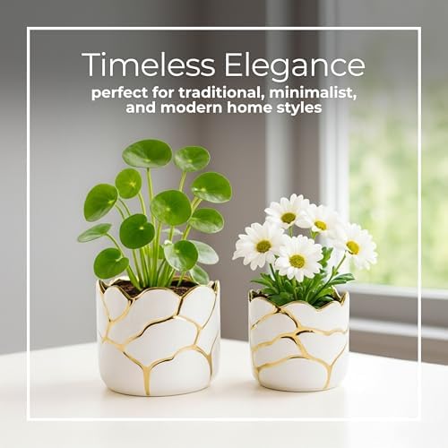 Set of 2 Plant Pots for Indoor Plants – Ceramic Planters with Gold Accents, Decorative Pots for Home Decor, Modern Indoor/Outdoor Ceramic Planter Set, Stylish Pot for Plants – 6/7", White - Image 4