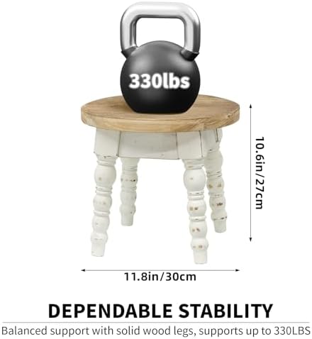 Solid Wood Indoor Plant Stand Stool, 11.8" Round × 10.6" Tall Small Wood Plant Stand for Pots, Vases & Home Décor – Rustic Vintage White Display Pedestal & Plant Holder for Indoor or Outdoor Use - Image 3