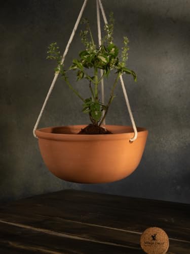 village Decor Terracotta Hanging Bowl Planter with Rope (Dia -8 INCH ,Rope _Lenght - 24 INCH) by VillageDecor