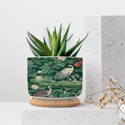 Garden Green Planter Ceramic Pink Peony Pond Geese Round Flower Pot with Drainage Holes and Bamboo Tray Pot for Pots Outdoor Indoor Plants - Image 7