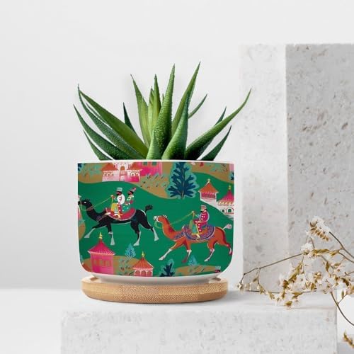 Bright Emerald Green Planter Ceramic Chinoiserie Decor Round Plant Pot with Drainage Holes and Bamboo Tray Pot for Home Desktop Office Windowsill - Image 7