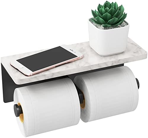 Gypie Toilet Paper Holder with Marble Shelf, Wall Mount, Double Black by GypieHouseware