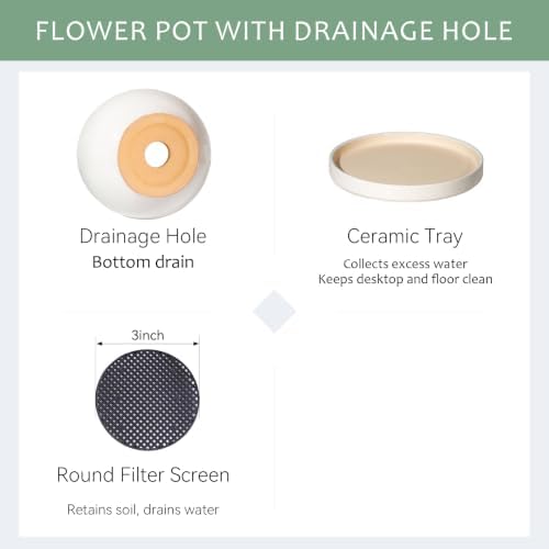 10.3 Inch Ceramic Glaze Plant Pot with Saucer, Flower Pots with Drainage Hole Mesh Net(Hemp-Gray Dot) - Image 3