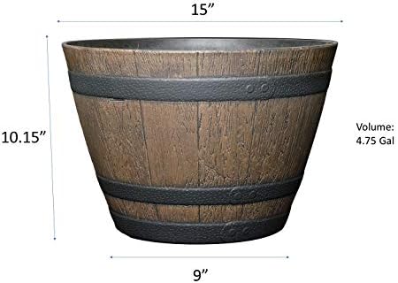 Outdoor Whiskey Resin Flower Pot Barrel Planter, 15" Walnut Brown - Image 4
