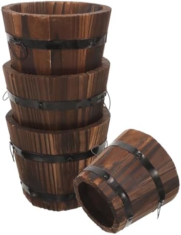 COLLBATH 4pcs Carbonized Wood Whiskey Barrel Planters Small Rustic Flower Pots with Drainage Holes for Indoor Outdoor Succulent and Vegetable Gardening by COLLBATH