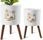 2 Set Plant Pot with Stand 10 & 12 inches – Large Indoor Pots for Plants with Solid Oak Wood Stand & Drainage, Palm，White ＆ Gold by Unknown
