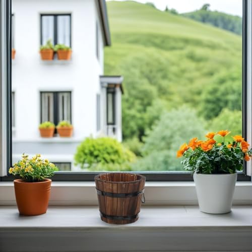 Toddmomy 3pcs Carbonized Wood Planter Barrel Set Small Wooden Flower Pots for Indoor Outdoor Garden Balcony Rustic Whiskey Barrel Style Wood Buckets - Image 4