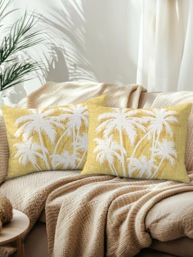 Outdoor Pillows Waterproof Set of 2, Tropical Palm Tree Patio Throw Pillows for Couch Bed Sofa with Insert, Vintage Dark Yellow Botanical Plants Decorative Travel/Reading/Camping Pillow Set 12x20 Inch - Image 2