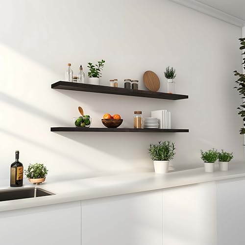 YYWUOJJ Wood Floating Shelves for Wall Decor, Rustic Wall Shelves for Bedroom Bathroom Kitchen Living Room, Set of 4 Walnut 48 Inch - Image 4