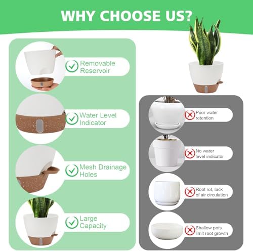 12" 10" 9" 8" Self Watering Pots with Water Level Indicator, Large Plastic Planters Set with Mesh Drainage Hole and Removable Saucer Reservoir, Big Flower Pot for Indoor Outdoor Plants - White - Image 3