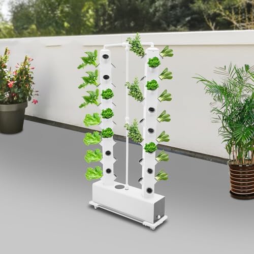 Vertical Hydroponic Growing System Kit with 56 Planting Holes, 30L Large Water Tank, Automatic Water Pump & Timer, Indoor Outdoor Garden with 4 Wheels for Herbs Vegetables Lettuce Strawberries, White - Image 4