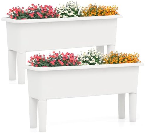Giantex Raised Garden Beds Outdoor Set of 2, Self-Watering Planter Box with Detachable Legs & Drainage Hole, Outdoor Raised Container for Vegetable Fruit Herbs, 31.5”Lx12”Wx16”H, Easy Assembly (White) by Giantex