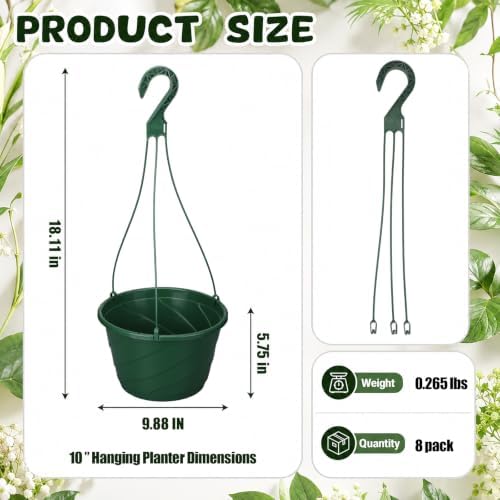8 Pcs 10 Inch Modern Euro Swirl Hanging Planter Uv-Resistant Plastic Hanging Basket Smart Drainage Lightweight Indoor Outdoor Flower Pots for Garden Porch Balcony Patio Home Decor (Green) - Image 3