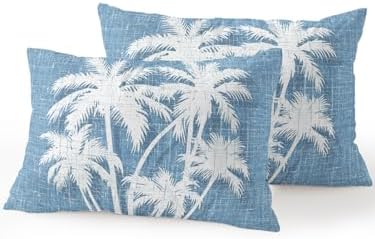 Tropical Palm Tree 12x20 Waterproof Outdoor Lumbar Pillows Set of 2 with Inserts, Vintage Sky Blue Exotic Botanical Plants Patio Decorative Cushion Pillows for Outdoor Sofa Bench Porch Balcony by Hokiten