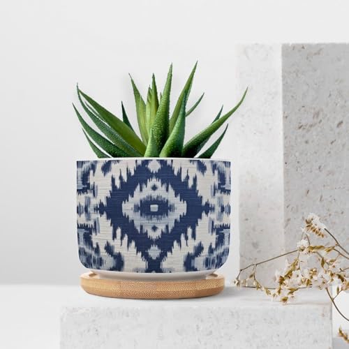 Blue Grey Ikat Planters Ceramic Solid Navy White Round Flower Pot with Drainage Holes and Bamboo Tray Pot for Indoor Outdoor Garden - Image 7