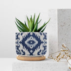 Blue Grey Ikat Planters Ceramic Solid Navy White Round Flower Pot with Drainage Holes and Bamboo Tray Pot for Indoor Outdoor Garden - Image 7