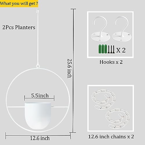 2 Pack Hanging Planters for Indoor Outdoor Plants Modern Metal Plant Hangers, Wall and Ceiling Hanging Plants Baskets Mid Century Minimalist Flower Pots Home Decor (White) - Image 2
