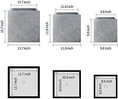 Kante 16",12",10" Square Concrete Planters Set of 3 for Outdoor Indoor Home Patio Garden, Large Plant Pot with Drainage Hole and Rubber Plug, Slate Gray - Image 2