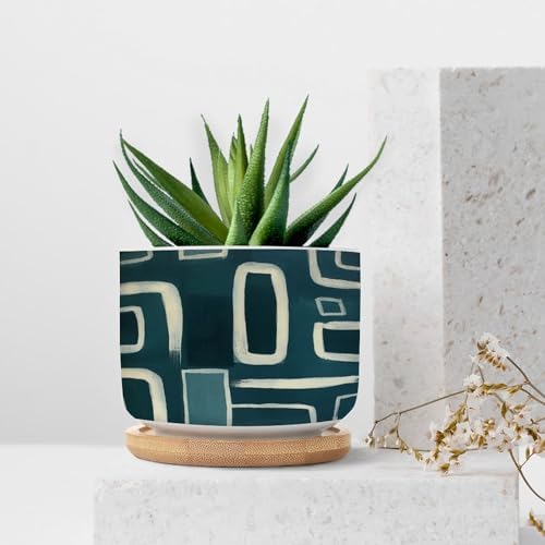Teal Blue Graffito Ceramic Planters Green White Geometric Flower Pots for Indoor Plants with Drainage Holes and Saucers Pot for Indoor Outdoor Garden - Image 7