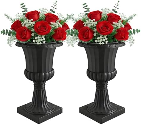 Large Classic Urn Planters 2 Pack, 12 Inch 19.6" Tall Plastic Flower Pots, Vintage Decorative Planter for Outdoor Indoor Patio Porch Entryway Garden Wedding (Black, 2 Pcs) - Image 3