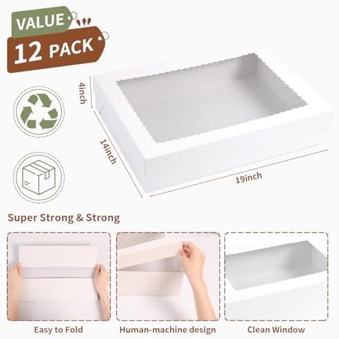 12pcs 19x14x4 inch Cake Boxes with Window，White Rectangle Sheet Large Bakery Boxes for Pastry Dessert Cake, Cupcakes Donuts Cookies Pie Treat Packaging - Image 2