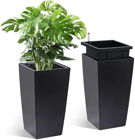 GarveeLife 16 in Tall Planters Set of 2, Outdoor＆Indoor Black Planter Pots, High Front Porch Planter Pots with Drainage Holes＆Water Level Monitor＆Inner Bucket, Automatic Watering,Black by GarveeLife
