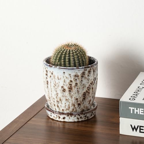 4+5.75 Inch Ceramic Planter Set of 2 with Drainage Hole and Saucer for Plants, Indoor-Outdoor Large Round Succulent Orchid Flower Pot -Reactive Glaze Speckled(Inner-pots not Larger Than 5 Inch) - Image 5