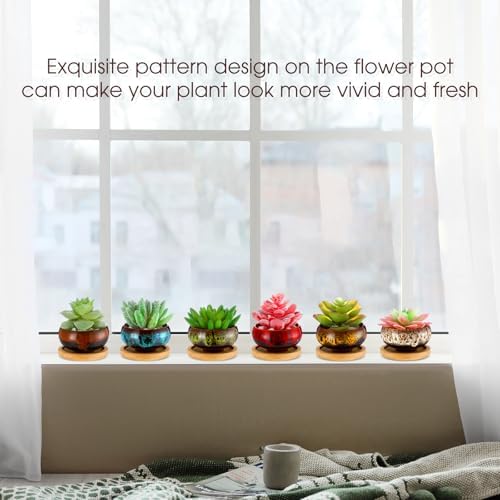 48 Pcs Ceramic Succulent Planters with Drainage Bamboo Saucers - Image 7