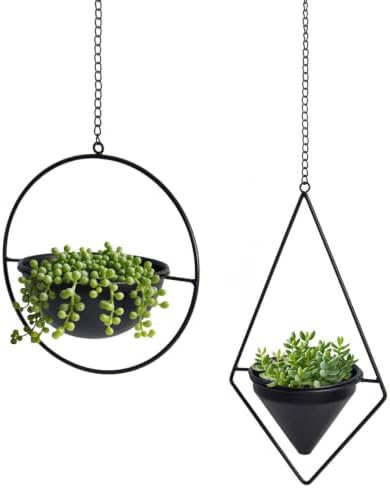 Metal Hanging Planters Set of 2 Modern Indoor Plant Hanger with Round and Diamond Pots, Geometric Small Wall and Ceiling Hanging Plant Holders for Succulents and Herbs, Black Finish - Image 2