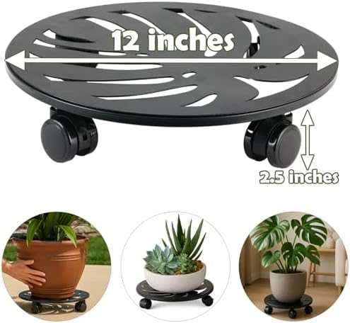 2-Pack 12" Round Metal Plant Caddy with Wheels Heavy-Duty Large Rolling Plant Stand Indoor Outdoor Wheeled Planter Dolly Cart Coaster Flower Pot Mover Roller Base, Garden Trolley - Image 2
