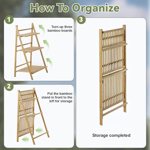 Anvazise 3-Tier Foldable Bamboo Ladder Storage Rack, Easy Assembly Stable Tiered Display Shelf, Multipurpose Plant Stand Shoe Organizer for Indoor Balcony Patio Garden Living Room - Image 3