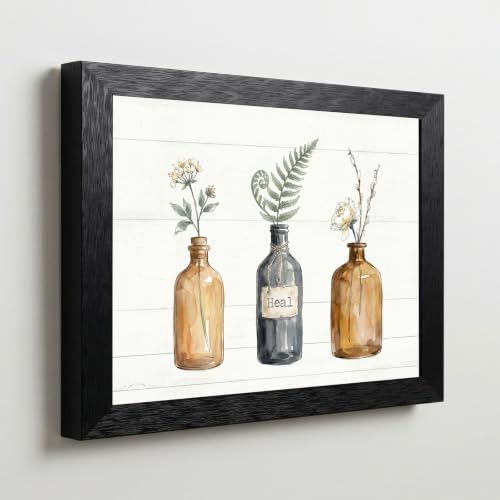 Framed Canvas Wall Art Vintage Apothecary Bottles Wildflowers Amber Sage and Charcoal Canvas Print Poster Black Frame Wall Decor for Kitchen Bathroom Minimalist Art, Nature Print - Inch 24x36 - Image 5