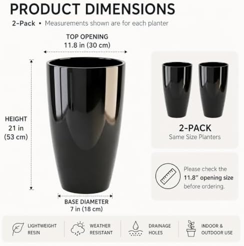 SUN-E Tall Planter for Outdoor Indoor Plants 2Pack, 21Inch Large Gloss Black Planter with Removable Insert Shelf High Glossy Piano Finish Ceramic-Look Tall Flower Pot for Office Lobby Minimalist Decor - Image 7