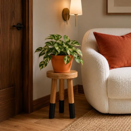 Rubber Wood 9" Round Plant Stand |Dip Dyed Black Stool, Wood Riser |Milking Stool (12" H) - Image 3