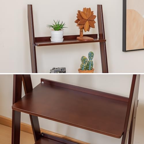 DOUSY-5-Tier Ladder Shelf Bookcase, Bamboo Ladder Bookshelf Leaning Book Shelf, Freestanding Storage Shelf Boho for Living Room, Home Office, Bedroom, Balcony, Dark Walnut - Image 6