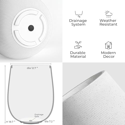 Worth Garden White Large Round Planter, 12.5" Dia x 18.5" H Lightweight Magnesium Oxide Cement Plant Pot with a Striped Textured Finish, Raised Pattern Concrete Look, Drainage Hole, Indoor & Outdoor - Image 2