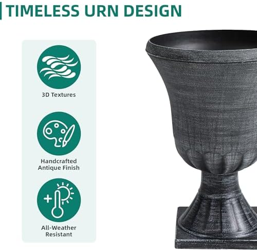 2-Pack 22" Washed Black Plastic Urn Planters with Drainage Holes - Image 7